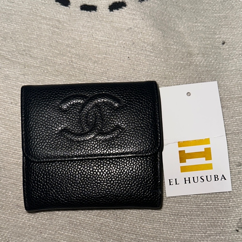 Chanel Black Leather compact Wallet dual coin holder gold hardware